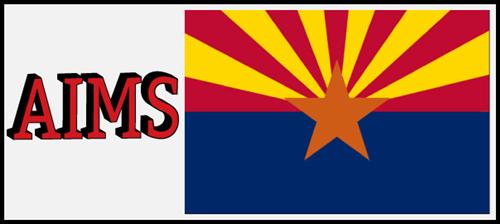 The word AIMS and then a red star with red and yellow rays coming out of it. There is blue under the star 