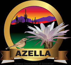 A desert landscape with a sunset, cactus and mountains. There is a bird and a flower in the foreground with the word AZELLA. 