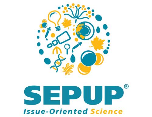 Sepup logo with science symbols in a big round ball. 