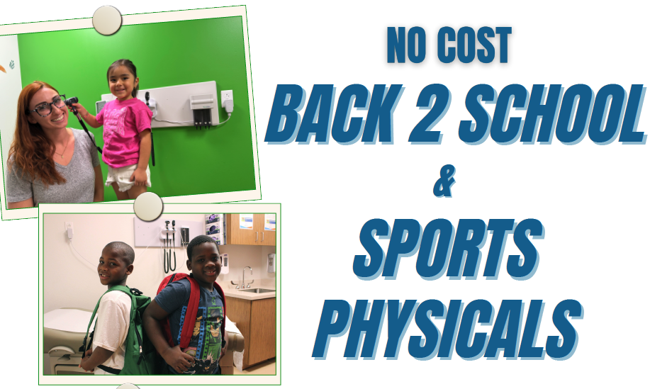 Free physicals banner, two kids with backpacks and a girl playing doctor